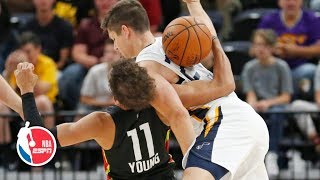 Grayson Allen and Trae Young get into a scuffle both receive technical fouls  NBA Highlights [upl. by Melvena]