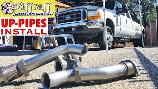 2001 F350 73  RiffRaff UpPipes Install  Stock up pipes leaking and falling apart JUNK SP [upl. by Nosremaj]